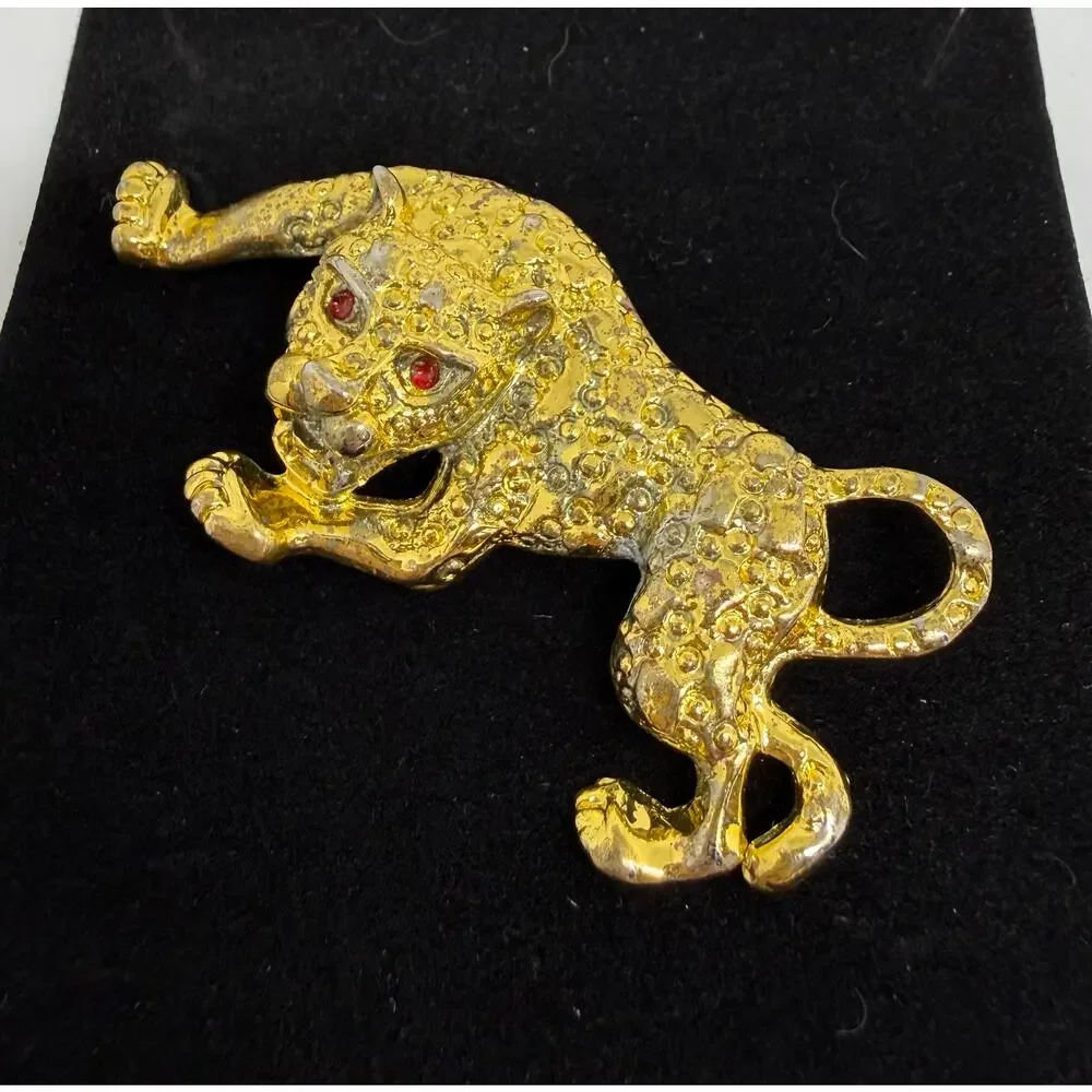 Tiger Leopard Brooch Gold Tone Red Eyes Figural Big Cat Safari Statement Jewelry